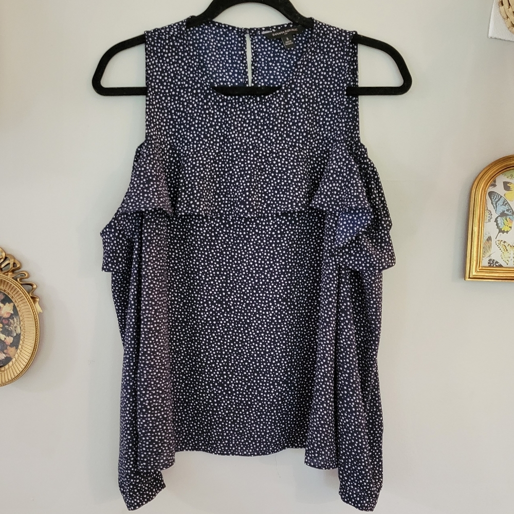 Cold shoulder long sleeve navy blue white dots ruffle banana republic blouse